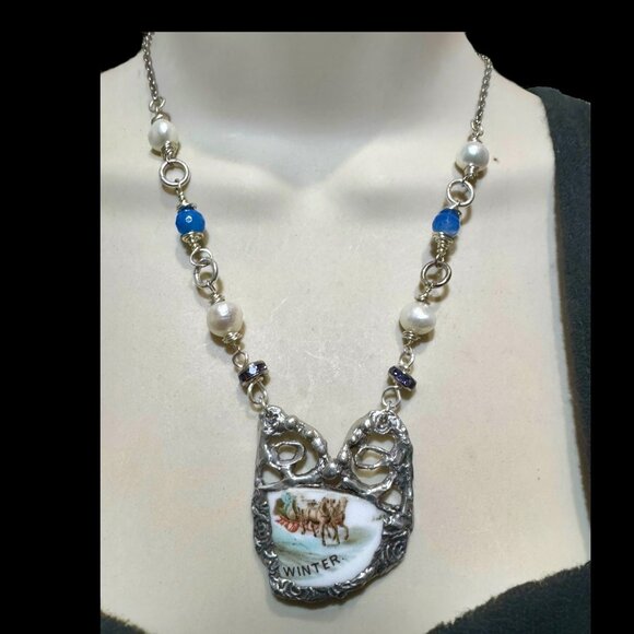 Courier & Ives Winter Pendant Necklace With Brutalist Glam Metalwork & Pearls - Picture 8 of 13